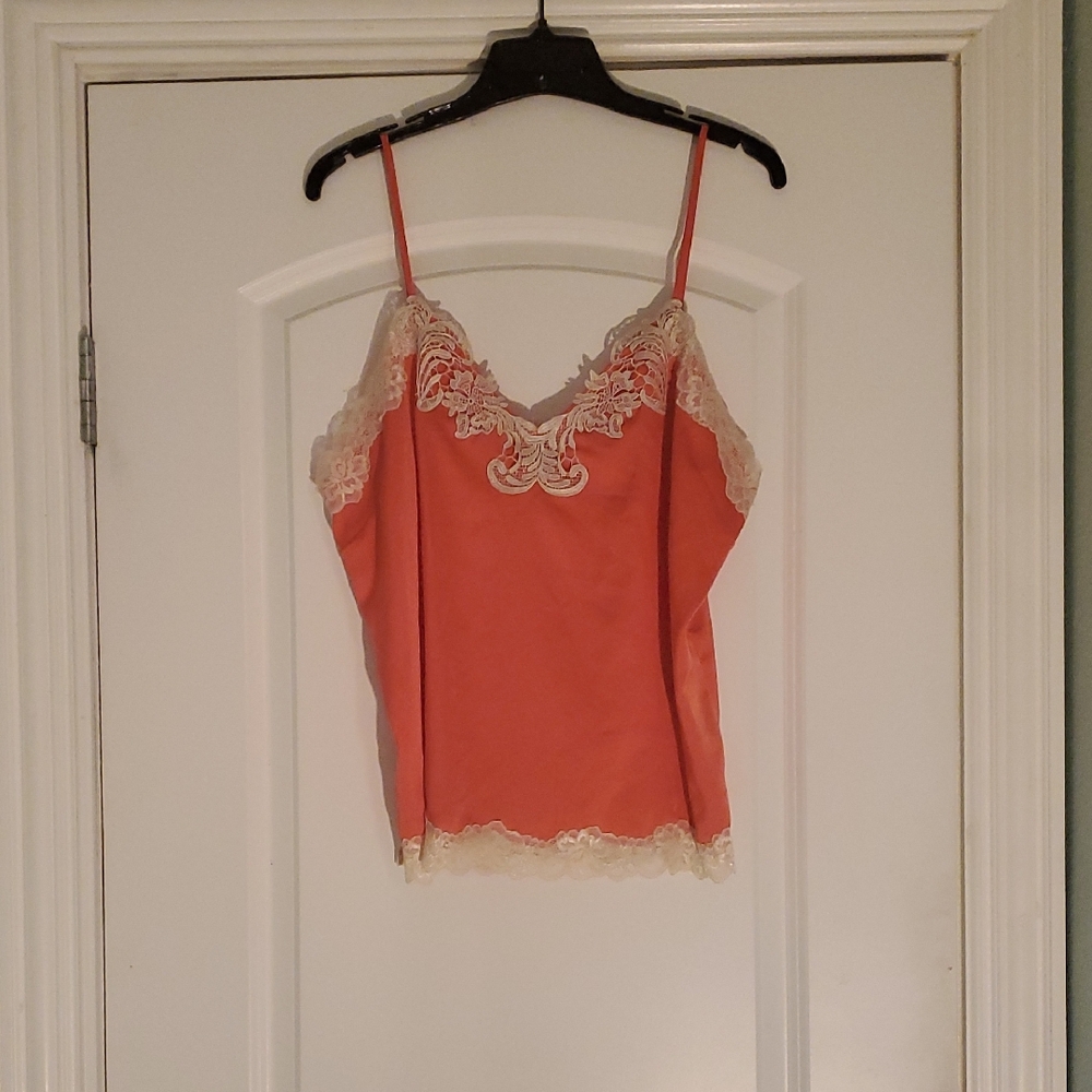 INC International Concepts Coral Satin Camisole with Cream Lace Trim